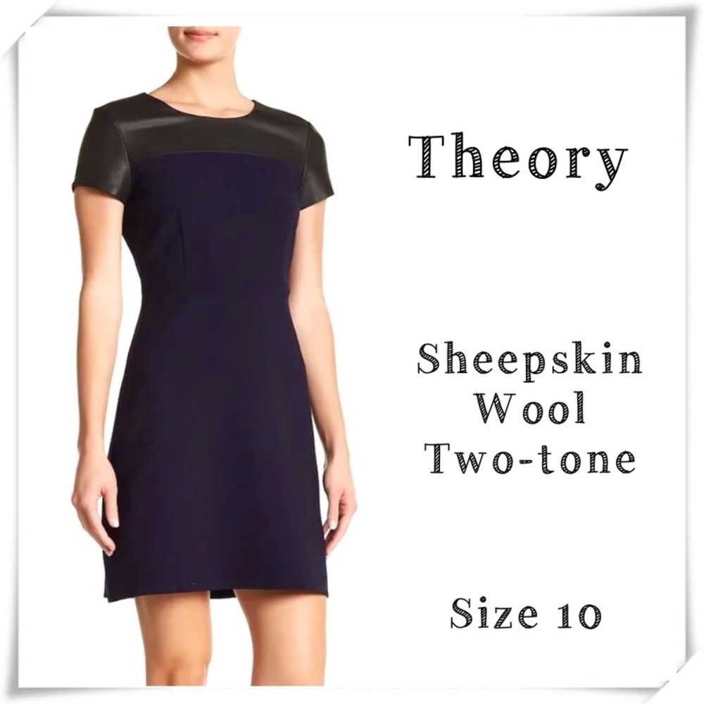 THEORY Ganiah Sheepskin Leather Two-tone Cup Sleeve Shift Dress Navy Blue Sz 10